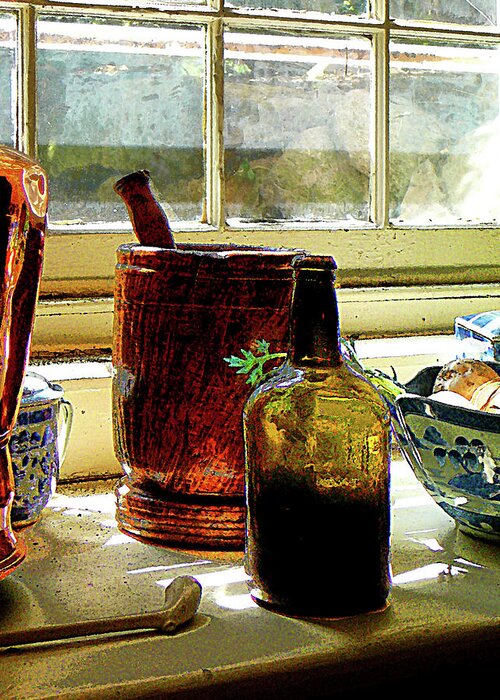 Mortar Greeting Card featuring the photograph Bottle with Mortar and Pestle by Susan Savad