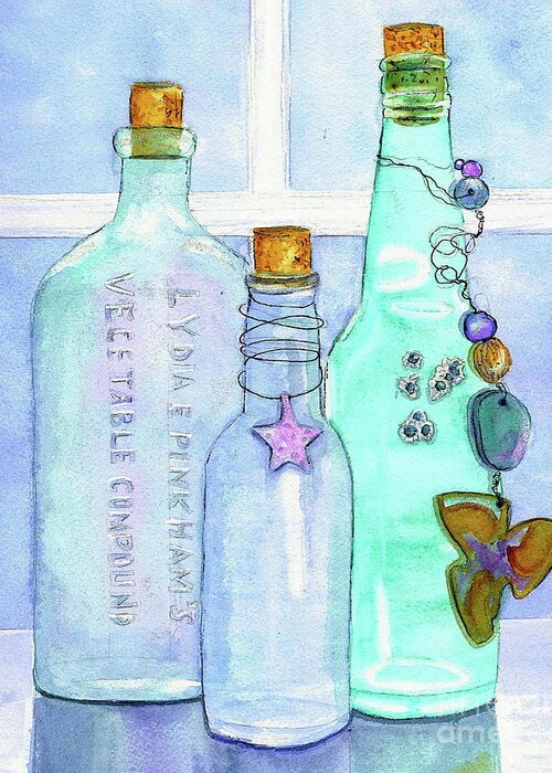 Bottles Greeting Card featuring the painting Bottles with Barnacles by Midge Pippel