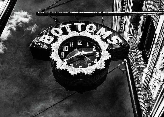Bardstown Greeting Card featuring the photograph Bottoms Clock Sign Black and White by Sharon Popek