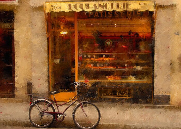 Paris France Greeting Card featuring the photograph Boulangerie and Bike 2 by Mick Burkey