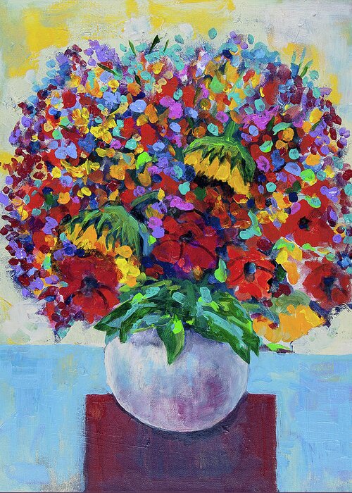 Flower Greeting Card featuring the painting Bouquet with two sunflowers by Maxim Komissarchik
