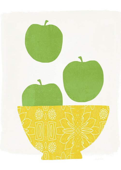 Apples Greeting Card featuring the painting Bowl of Green Apples- Art by Linda Woods by Linda Woods