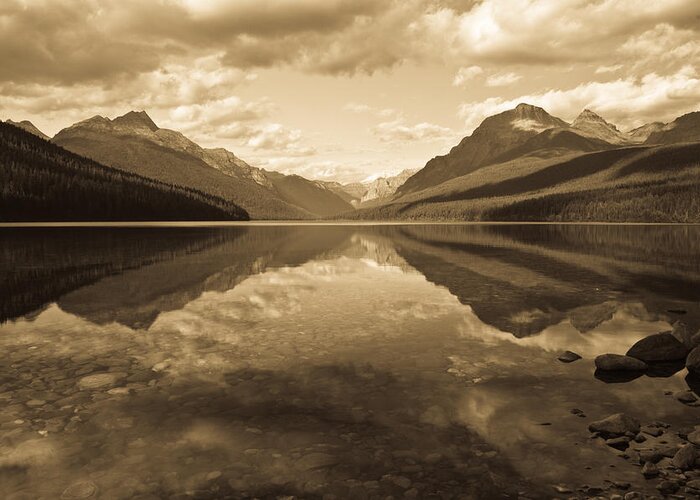 Mountain Greeting Card featuring the photograph Bowman Lake, sepia by Jedediah Hohf