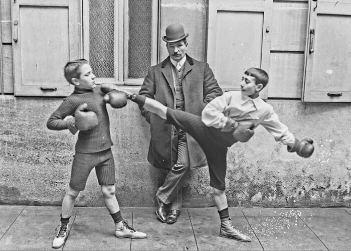 1905 Greeting Card featuring the photograph Boxing under eyes of Master, 1904 by Vincent Monozlay