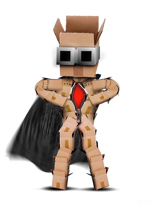 Box; Boxes; Hero; Character; Super; Cape; Mask; Cartoon; Isolated; White; Red; Graphics; 3d; Composite; Man; Figure Greeting Card featuring the digital art Box hero standing with cape and mask by Simon Bratt