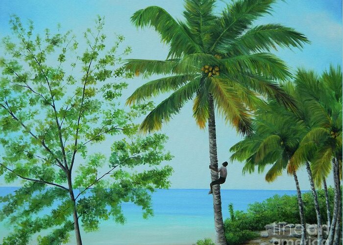 Tropical Landscape Greeting Card featuring the painting Boy Climbing Coconut Tree by Kenneth Harris