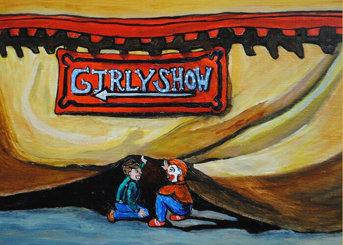 Circus Greeting Card featuring the painting Boy Peepers by Patricia Arroyo