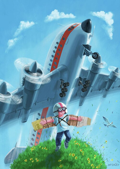 Airplane Greeting Card featuring the digital art Boy with airplane on hilltop by Martin Davey