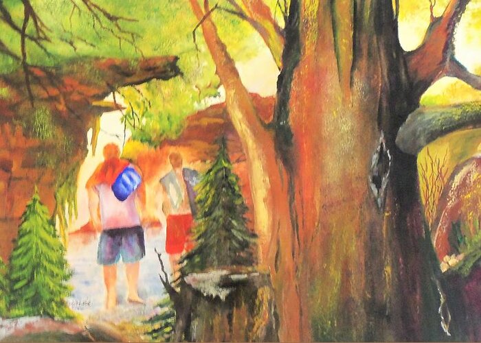 Landscape Greeting Card featuring the painting Boys in the Woods by Marsha Woods