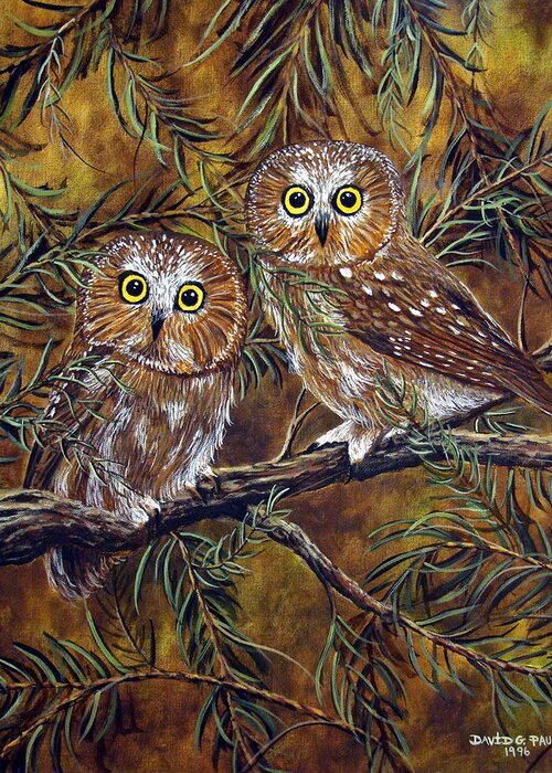 Owls Greeting Card featuring the painting Branch Buddies by David G Paul
