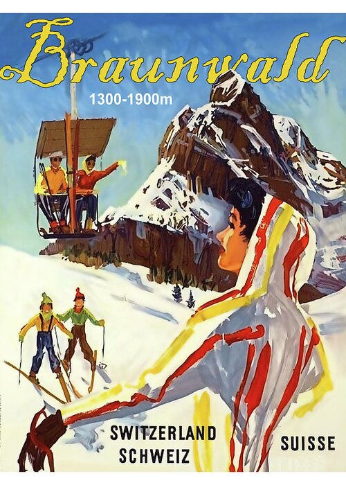 Braunwald Greeting Card featuring the painting Braunwald, winter ski sport, Switzerland, travel poster by Long Shot