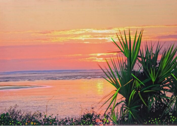 Sunrise Greeting Card featuring the painting Breach inlet sunrise palmetto by Virginia Bond