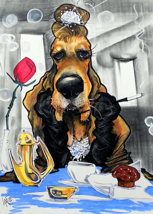 Dog Caricature Greeting Card featuring the drawing Breakfast At Tiffany's Basset Hound Caricature Art Print by John LaFree