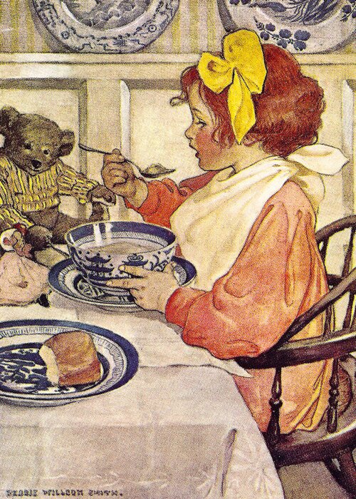 Jessie Wilcox Smith Greeting Card featuring the painting Breakfast With Teddy by Jessie Wilcox Smith