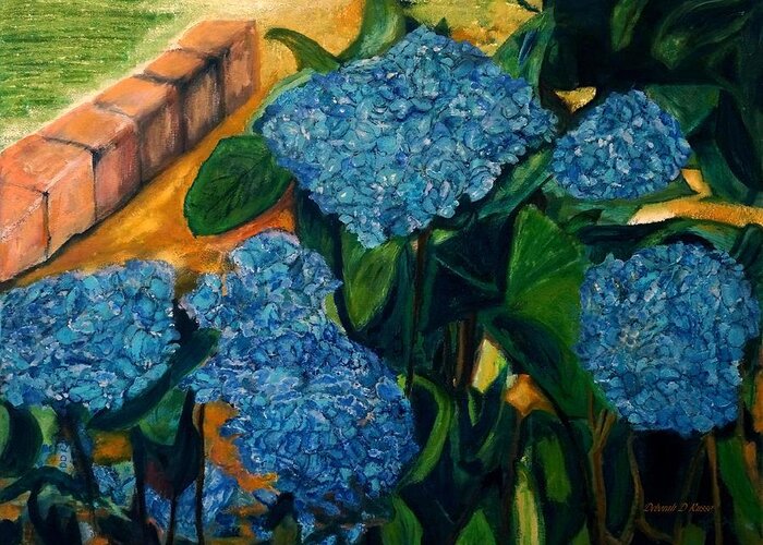 Flower Garden Greeting Card featuring the painting Bricks Border Blue Hydrangeas by Deborah D Russo