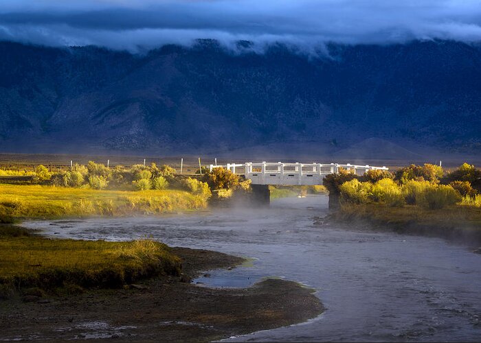 Aspens Greeting Card featuring the photograph Bridge over Hot Creek on a cloudy day by Joe Doherty