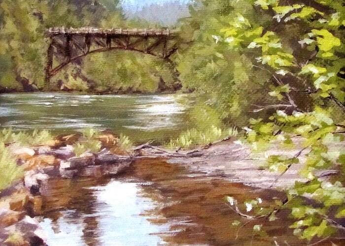 River Greeting Card featuring the painting Bridge View by Karen Ilari
