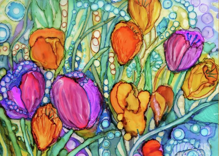 This Was Painted To Remember A Dear Aunt Who Had The Most Amazing Garden. The Brilliant Rainbow Colors And Imaginary Shapes Of This Magical Garden Will Brighten Any Dark Corner. The Cool Blue And Green Background Makes The Bright Fuchsia Greeting Card featuring the painting Bridget's Bouquet by Joan Clear