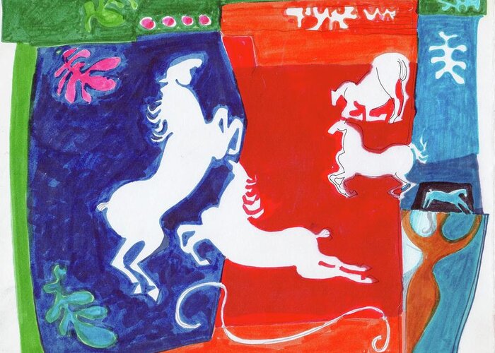Horses Greeting Card featuring the mixed media Bright Lippizans by Mary Armstrong