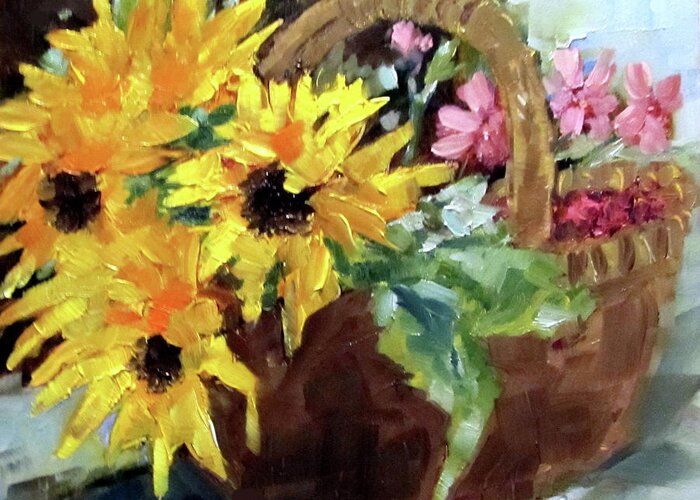Sunflowers Greeting Card featuring the painting Bringing In The Sunshine by Adele Bower