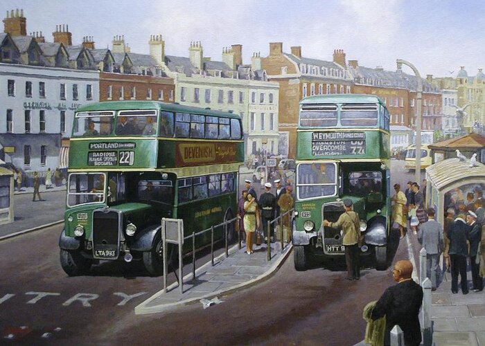 Bus Greeting Card featuring the painting Bristols at Weymouth by Mike Jeffries