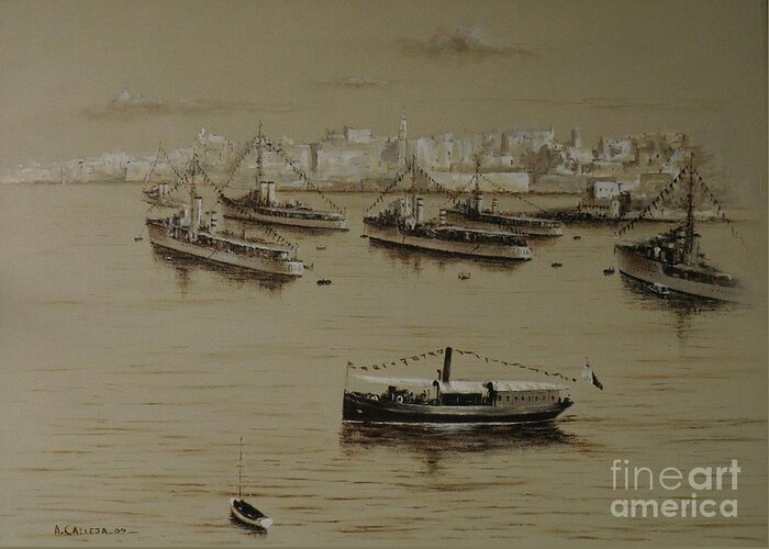 Malta 1940 Painting. Acrylic Painting. Acrylic On Canvas Painting.sepia Painting. British Warships. Greeting Card featuring the painting British Warships in Malta Harbour 1941 by Tony Calleja