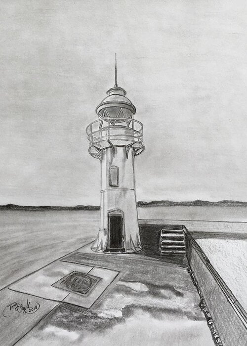 Pencil Greeting Card featuring the drawing Brixham lighthouse by Tony Clark