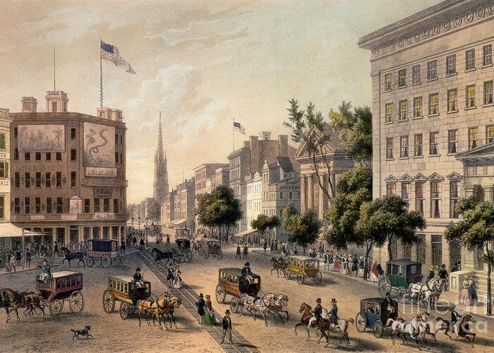 Broadway Greeting Card featuring the painting Broadway in the Nineteenth Century by Augustus Kollner