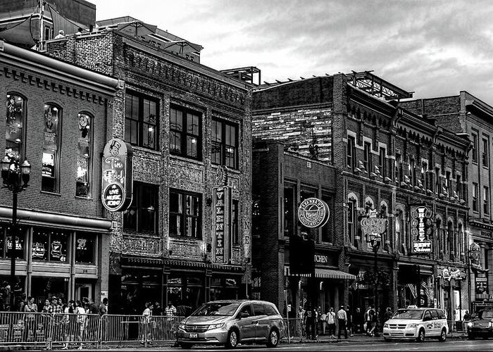 Broadway Street Nashville Tennessee Greeting Card featuring the photograph Broadway Street Nashville Tennessee In Black And White by Carol Montoya