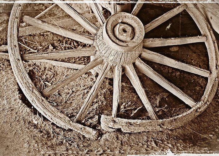 Wagon Wheel Greeting Card featuring the photograph Broken Wagon Wheel- Fine Art by KayeCee Spain