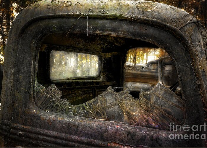 Old Truck Greeting Card featuring the photograph Broken Window by Arttography LLC