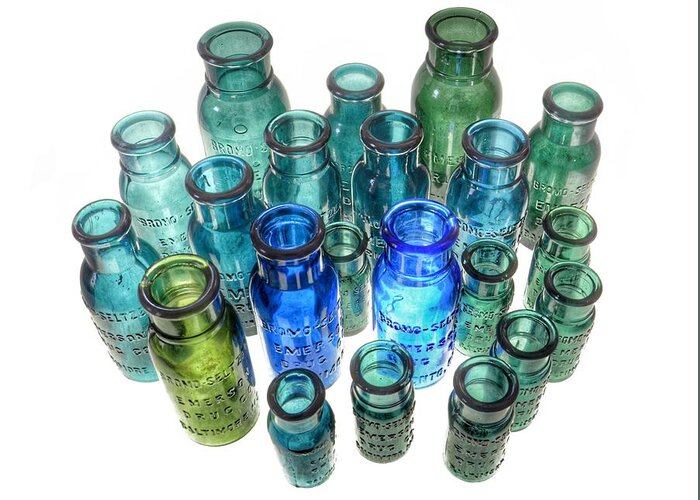 Bromo Seltzer Vintage Glass Bottles Greeting Card featuring the photograph Bromo Seltzer Vintage Glass Bottles Collection - Rare Green by Marianna Mills