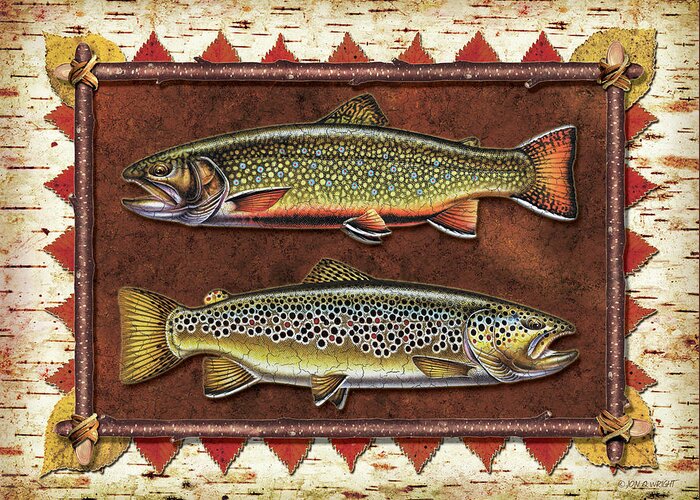 Trout Greeting Card featuring the painting Brook and Brown Trout Lodge by JQ Licensing