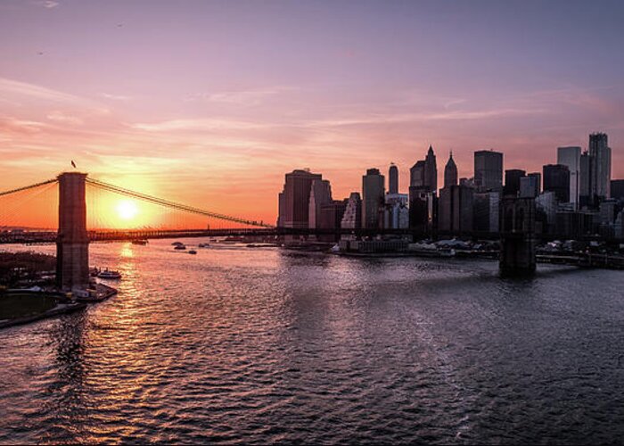 Bridge Greeting Card featuring the photograph Brooklyn bridge and Manhattan at sunset - New York - Cityscape photography by Giuseppe Milo