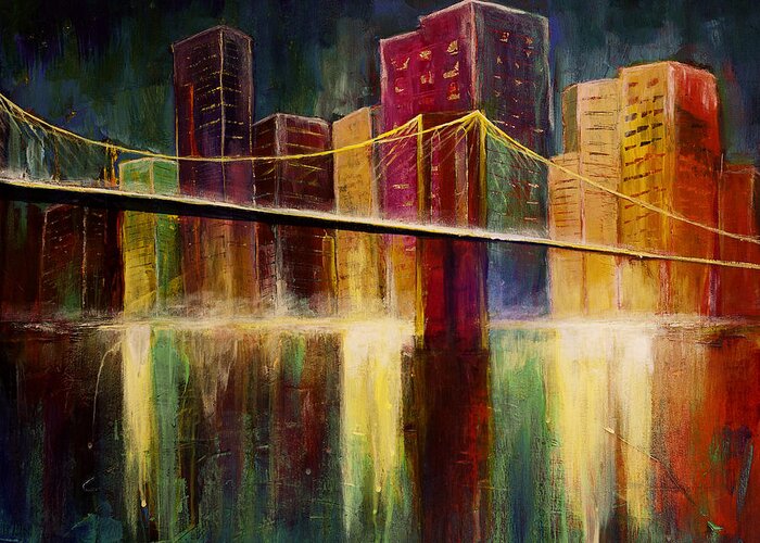 City Scape Greeting Card featuring the painting Brooklyn Bridge by Gray Artus