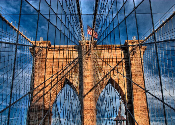 Brooklyn Greeting Card featuring the photograph Brooklyn Bridge In The Golden Light by Val Black Russian Tourchin