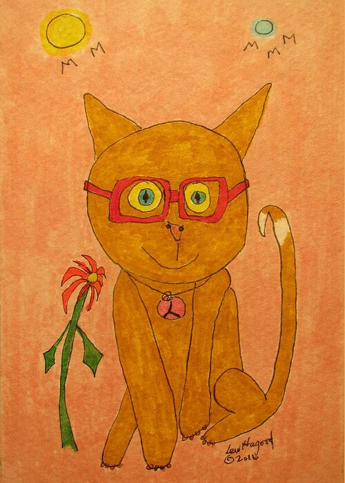Hagood Greeting Card featuring the painting Brown Cat With Glasses by Lew Hagood