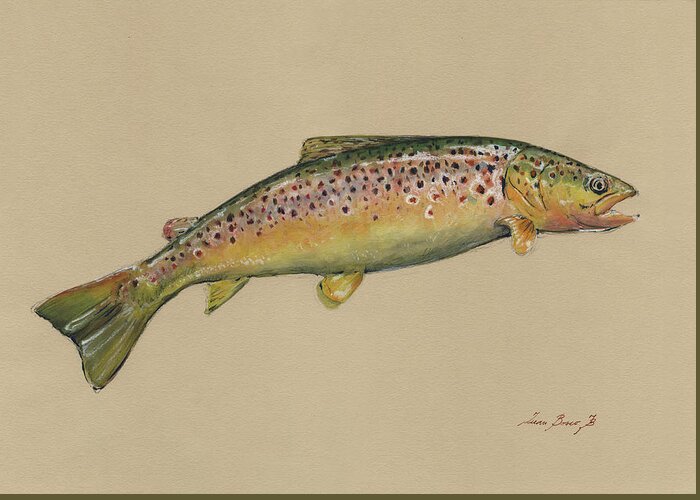 Trout Art Greeting Card featuring the painting Brown trout jumping by Juan Bosco