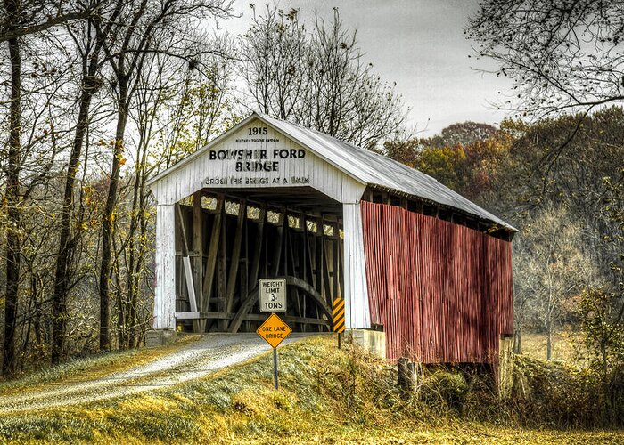 America Greeting Card featuring the photograph Bowsher Ford covered bridge by Jack R Perry