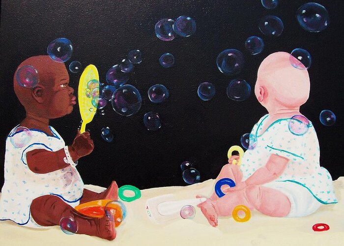 Oil Greeting Card featuring the painting Bubble Babies by Susan Roberts