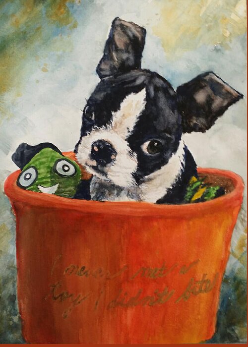 Boston Terrier Greeting Card featuring the painting Bucket List by Cheryl Wallace