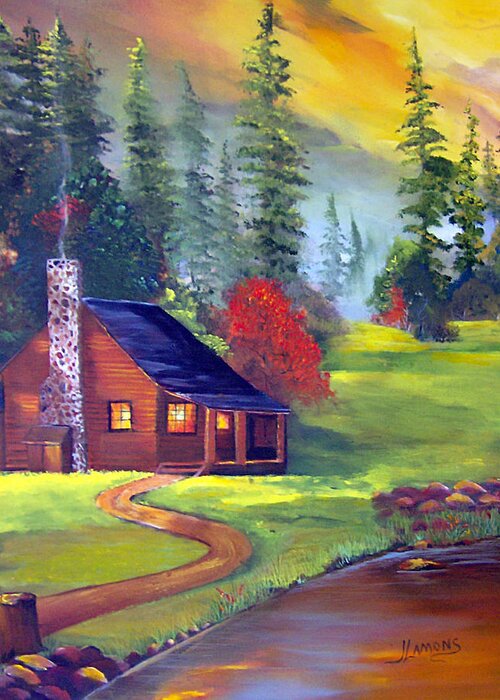 Cabin Greeting Card featuring the painting Bucks Cabin by Julie Lamons