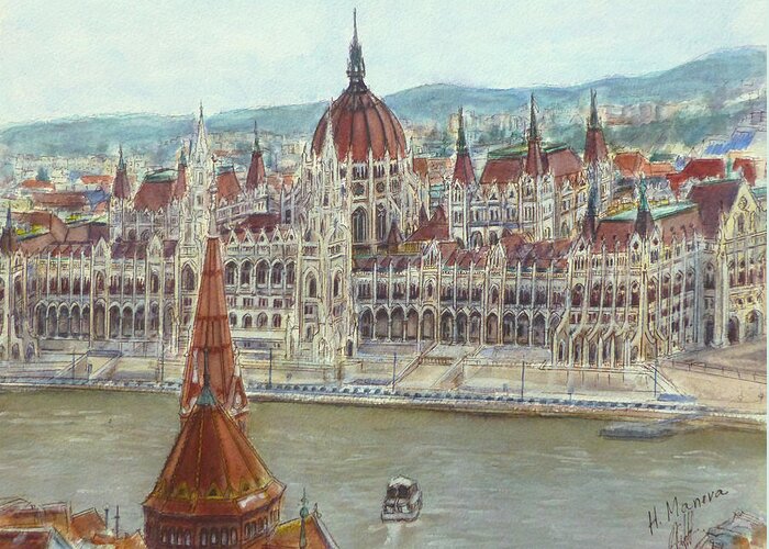 Budapest Greeting Card featuring the painting Budapest by Henrieta Maneva