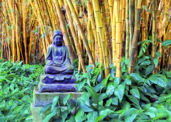 Hawaii Greeting Card featuring the painting Buddha and Bamboo at Allerton Garden Kauai by Dominic Piperata
