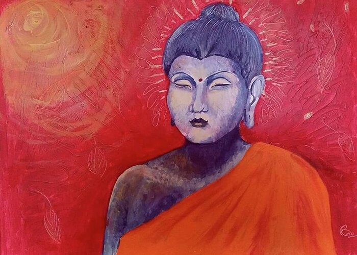 Buddha Buddhism Red Greeting Card featuring the painting Buddha in red by Carole Hutchison