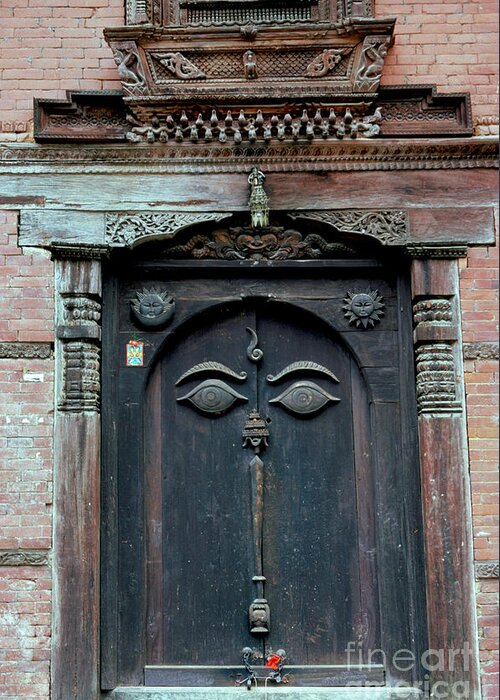 Nepal Greeting Card featuring the photograph Buddha's Eyes on Nepalese Wooden Door by Anna Lisa Yoder