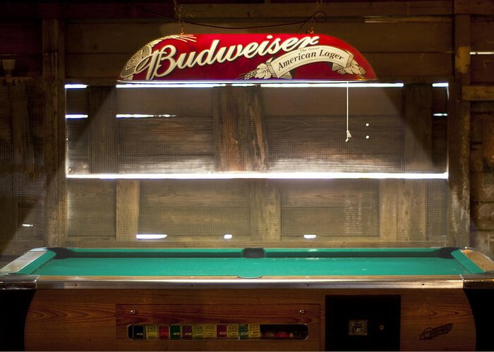 Pool Greeting Card featuring the photograph Budweiser Light Pool Table by Brian Kinney