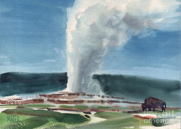 Yellowstone Greeting Card featuring the painting Buffalo and Geyser by Donald Maier