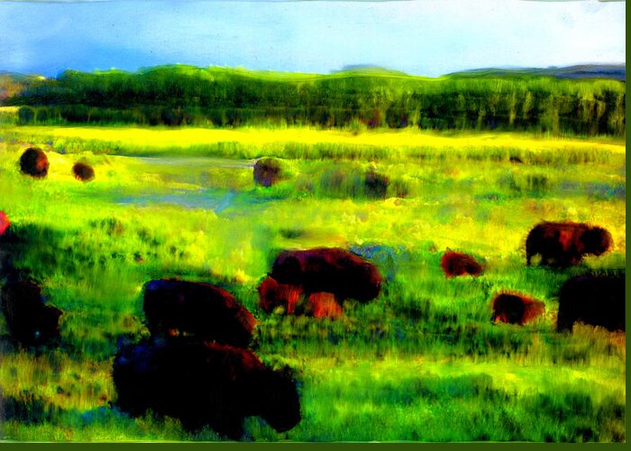 Landscape Greeting Card featuring the painting Buffalo Coming Home by FeatherStone Studio Julie A Miller