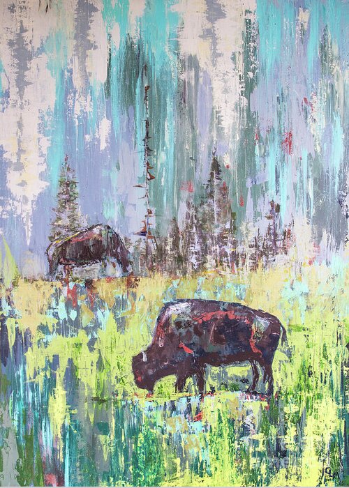 Buffalo Greeting Card featuring the painting Buffalo Grazing by Cheryl McClure
